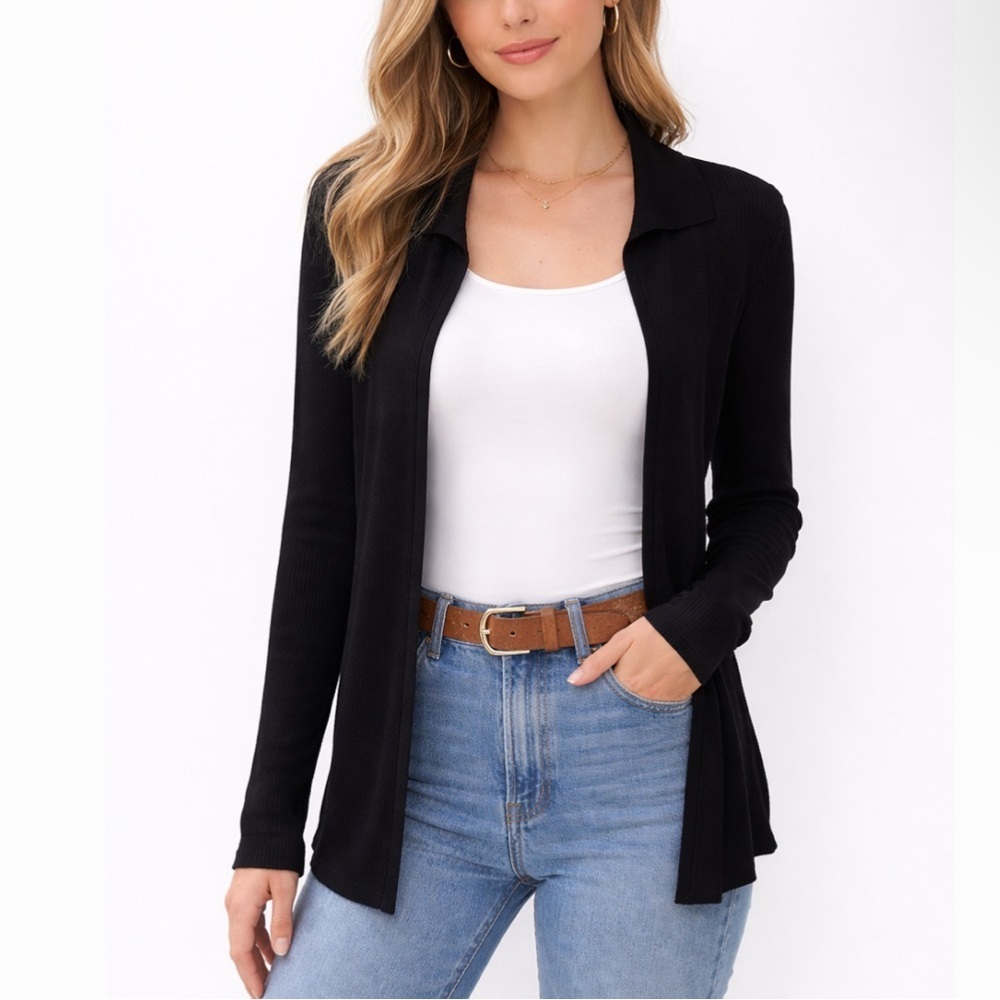 Vintage Misook Black Open-Front Ribbed Cardigan Preppy Minimalist Office Chic
